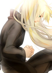 Rule 34 | 1girl, black dress, blonde hair, blue eyes, crying, dress, dripping, eyebrows, eyes visible through hair, from side, kekkai sensen, long hair, long sleeves, own hands clasped, own hands together, see-through, simple background, solo, tears, twintails, very long hair, white (kekkai sensen), white background, yuko30min