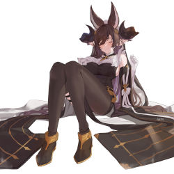 Rule 34 | 1girl, absurdres, animal ears, asymmetrical hair, black ribbon, black thighhighs, blue hair, blush, breasts, brown hair, brown horns, detached sleeves, extra ears, eyelashes, closed eyes, fikkyun, frills, full body, galleon (granblue fantasy), gloves, granblue fantasy, hair between eyes, hair over one eye, hand on own chest, highres, horns, jewelry, large breasts, long hair, multicolored hair, neck ribbon, necklace, on floor, pointy ears, ribbon, sideboob, signature, solo, streaked hair, thigh strap, thighhighs, very long hair, white background, white gloves