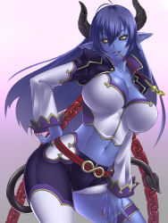 Rule 34 | 1girl, asmodeus (shinrabanshou), asymmetrical clothes, black sclera, blue hair, blue skin, breasts, bustier, chain, cleavage, collarbone, colored sclera, colored skin, contrapposto, cutoffs, demon girl, demon tail, fingernails, gradient background, hair between eyes, hand on own hip, hand on own thigh, hand on thigh, highres, horns, kiseru, large breasts, light smile, long fingernails, long hair, midriff, murazono, nail polish, navel, parted lips, pointy ears, shinrabanshou, simple background, single pantsleg, slit pupils, smoking pipe, solo, standing, tail, thigh strap, uniform, wide hips, yellow eyes