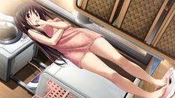 Rule 34 | 1girl, amatsutsumi, barefoot, blush, brown hair, dutch angle, game cg, hand to own mouth, indoors, koku, long hair, naked towel, official art, open mouth, oribe kokoro, red eyes, solo, standing, toes, towel, weighing scale