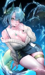 Rule 34 | 1girl, absurdres, bare shoulders, black choker, black skirt, blue hair, bra strap, breasts, choker, curvy, dragon girl, dragon horns, dragon tail, finger in own mouth, fins, highres, horns, indie virtual youtuber, invisible chair, jewelry, kkachi (limkkachi), large breasts, long sleeves, looking at viewer, mare flos, miniskirt, mole, mole on breast, necklace, off-shoulder sweater, off shoulder, parted bangs, pencil skirt, short hair, sitting, skirt, solo, sweater, tail, thighlet, thighs, underwater, virtual youtuber, water, wet, white sweater, yellow eyes