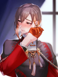 Rule 34 | 1boy, blush, brown hair, cape, colored inner hair, crying, curtains, ear piercing, gloves, half gloves, hand on own face, jewelry, multicolored hair, nu carnival, piercing, pu6t4, red eyes, red gloves, red hair, solo, tassel, window, yakumo (nu carnival)