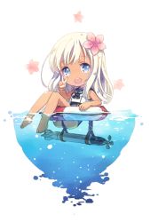 Rule 34 | 10s, 1girl, blonde hair, blue eyes, chibi, crop top, flower, h2so4, hair flower, hair ornament, kantai collection, lifebuoy, long hair, ro-500 (kancolle), sailor collar, school swimsuit, simple background, solo, swim ring, swimsuit, swimsuit under clothes, tan, tanline, torpedo, v