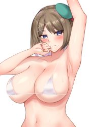 Rule 34 | 1girl, alternate costume, armpits, bikini, bikini top only, blue eyes, breasts, brown hair, crimecrime, hair ornament, hairclip, hat, highres, kantai collection, large breasts, maya (kancolle), navel, short hair, simple background, solo, swimsuit, white background, x hair ornament