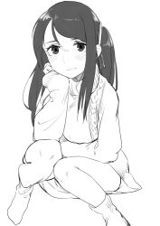 Rule 34 | 1girl, aran sweater, beijuu, blush, cable knit, female focus, greyscale, head rest, knees, knees together feet apart, krt girls, light smile, long hair, looking at viewer, monochrome, ribbed sweater, side ponytail, simple background, single sidelock, sitting, skirt, sleeves past wrists, socks, solo, sweater, white background, xiao qiong