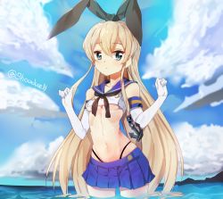 Rule 34 | 10s, 1girl, bad id, bad pixiv id, black panties, blonde hair, blue eyes, breasts, cloud, crop top, day, elbow gloves, gloves, highleg, highleg panties, kantai collection, long hair, midriff, miniskirt, navel, panties, panty straps, partially submerged, pleated skirt, revision, school uniform, serafuku, shimakaze (kancolle), shovelwall, shovelwell, skirt, sky, small breasts, solo, underboob, underwear, very long hair, wading, water, wet, white gloves