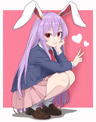 Rule 34 | 1girl, animal ears, blue jacket, full body, hand up, heart, highres, jacket, kisaragi koushi, long hair, looking at viewer, necktie, pink skirt, purple hair, rabbit ears, red background, red eyes, reisen udongein inaba, shadow, simple background, skirt, solo, squatting, touhou, v, very long hair