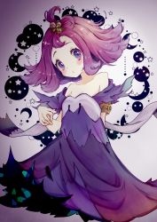 Rule 34 | 1girl, absurdres, acerola (pokemon), armlet, bare shoulders, blush, breasts, cleavage, collarbone, creatures (company), dress, elite four, flipped hair, game freak, hair ornament, hairclip, highres, looking at viewer, nintendo, off shoulder, pokemon, pokemon sm, pout, purple hair, short hair, small breasts, solo, strapless, trial captain