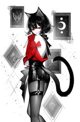 Rule 34 | 1girl, :p, animal ears, artist name, ass, bare back, bare shoulders, black shorts, cat ears, cat tail, commentary, feet out of frame, hand up, highres, limited palette, looking at viewer, off shoulder, original, red eyes, red nails, red shirt, sheya, shirt, short hair, short shorts, shorts, signature, solo, spot color, standing, tail, thigh strap, thighs, tongue, tongue out, white background