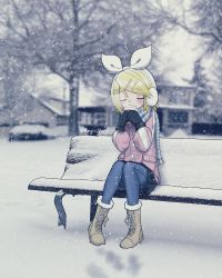 Rule 34 | aegissanp, artist name, blonde hair, blush, boots, bow, building, car, closed eyes, coat, cross-laced footwear, cup, denim, disposable cup, drinking, earmuffs, fur trim, hair bow, hair ornament, hairclip, hands up, highres, holding, holding cup, jeans, kagamine rin, lace-up boots, long sleeves, mittens, motor vehicle, on bench, outdoors, pants, pants under skirt, photo (medium), photo background, pleated skirt, short hair, sitting, skirt, snow, snowing, tree, vocaloid, winter, winter clothes