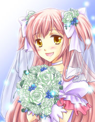 Rule 34 | 10s, 1girl, :d, :o, blush, bouquet, bow, bride, choker, dress, flower, gloves, hair bow, hair flower, hair ornament, happy, kaname madoka, kumarin (kumakumama), light particles, long hair, magical girl, mahou shoujo madoka magica, mahou shoujo madoka magica (anime), open mouth, pink hair, puffy sleeves, rose, smile, solo, spoilers, twintails, two side up, ultimate madoka, upper body, very long hair, wedding dress, white flower, white gloves, white rose, yellow eyes