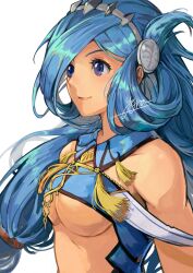 1girl absurdres blue_eyes blue_hair breasts closed_mouth commentary_request dana_iclucia hair_rings highres large_breasts long_hair looking_ahead signature simple_background smile solo tiara white_background yora ys ys_viii_lacrimosa_of_dana