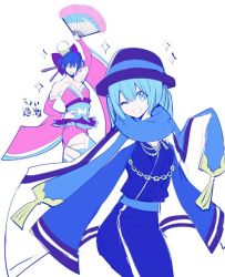 Rule 34 | 1boy, 1girl, ;d, aqua eyes, blue eyes, blue hair, blue scarf, bow, cosplay, costume switch, crossdressing, hand fan, grin, hair bow, hat, hatsune miku, japanese clothes, kaito (vocaloid), kimono, looking at viewer, manbou no ane, obi, one eye closed, ooedo julia night (vocaloid), open mouth, purple ribbon, ribbon, sash, scarf, short kimono, sleeves past wrists, smile, sparkle, thighhighs, twintails, vocaloid