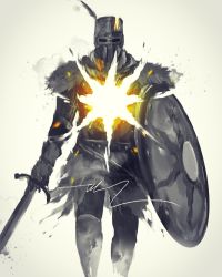 Rule 34 | 1boy, commentary, dark souls (series), dark souls i, english commentary, helmet, highres, holding, holding shield, holding sword, holding weapon, male focus, plume, shield, shimhaq, solaire of astora, solo, standing, sword, tabard, weapon