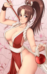 Rule 34 | &gt;:), 1girl, bad id, bad pixiv id, bare hips, bare shoulders, breasts, brown eyes, brown hair, cleavage, folded fan, closed mouth, clothes grab, collarbone, cowboy shot, fatal fury, female focus, folding fan, from side, hair intakes, hair ribbon, hand fan, japanese clothes, large breasts, lindaroze, long hair, looking at viewer, ninja, no bra, no panties, pelvic curtain, ponytail, revealing clothes, ribbon, rope, sash, shiranui mai, sideboob, smile, solo, the king of fighters, thick thighs, thighs, underboob, v-shaped eyebrows, watermark, web address, white ribbon, wristband