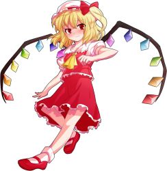 Rule 34 | 1girl, alphes (style), ascot, blonde hair, blush, crystal, dairi, female focus, flandre scarlet, full body, hat, hat ribbon, mary janes, parody, red eyes, ribbon, shoes, short hair, side ponytail, skirt, smile, solo, style parody, touhou, transparent background, wings