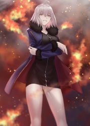 Rule 34 | 1girl, ahoge, black dress, blue cape, cape, crossed arms, dress, fate/grand order, fate (series), from below, hair between eyes, highres, jeanne d&#039;arc (fate), jeanne d&#039;arc alter (fate), jeanne d&#039;arc alter (ver. shinjuku 1999) (fate), looking at viewer, matsuharu (lip-mil), official alternate costume, parted lips, short dress, silver hair, smile, solo, standing, yellow eyes