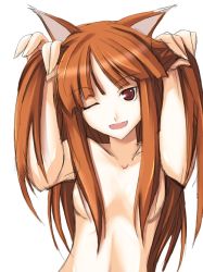 Rule 34 | 00s, 1girl, animal ears, bad anatomy, bad hands, breasts, brown hair, bunching hair, censored, convenient censoring, fang, hair censor, hair over breasts, holo, long hair, medium breasts, nude, one eye closed, poorly drawn, red eyes, ribi, simple background, solo, spice and wolf, wink, wolf ears