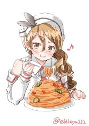Rule 34 | 1girl, blouse, brown hair, collared shirt, eating, ebifurya, food, fork, hair between eyes, hat, hat feather, highres, kantai collection, littorio (kancolle), long hair, looking at viewer, musical note, necktie, pasta, plate, ponytail, quaver, red necktie, shirt, simple background, solo, spaghetti, twitter username, upper body, wavy hair, wavy mouth, white background, white hat, white shirt