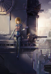 Rule 34 | 10s, 1girl, artist name, bad id, bad pixiv id, blonde hair, blue eyes, bodysuit, building, cannon, chromatic aberration, city, cityscape, cloud, expressionless, full body, grey theme, hairband, heavy object, looking at viewer, machinery, milinda brantini, military, military base, military uniform, novelance, outdoors, sailor collar, scenery, short hair, signature, sitting, solo, sunlight, uniform, vest, wide shot