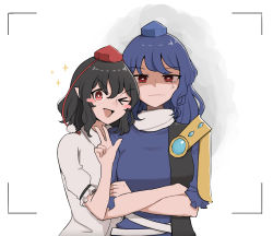 Rule 34 | 2girls, anger vein, annoyed, armor, arms under breasts, black hair, black ribbon, blue dress, blue hair, breasts, bright pupils, camera, coat, collared shirt, cropped torso, crossed arms, dress, frilled sleeves, frills, hair between eyes, hat, height difference, highres, iizunamaru megumu, long hair, looking at viewer, mata (matasoup), medium breasts, medium hair, multiple girls, pauldrons, pointy ears, pom pom (clothes), red eyes, ribbon, shaded face, shameimaru aya, shirt, short sleeves, shoulder armor, shoulder guard, simple background, single pauldron, sleeveless, sleeveless coat, smile, sparkle, standing, tokin hat, touhou, v, viewfinder, white background, white pupils, white shirt