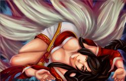 Rule 34 | 1girl, ahri (league of legends), animal ears, black hair, breasts, cleavage, detached sleeves, female focus, floor, fox ears, fox tail, frozentofu, japanese clothes, kitsune, kyuubi, large breasts, league of legends, lips, long hair, looking at viewer, lying, multiple tails, smile, solo, tail, traditional clothes, yellow eyes