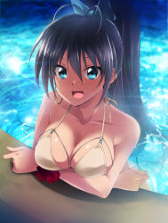Rule 34 | 1girl, :d, antenna hair, arm support, bare arms, bare shoulders, bikini, bikini top only, black hair, blue bow, blue eyes, blush, bow, breast hold, breasts, cleavage, collarbone, covered erect nipples, fang, ganaha hibiki, hair between eyes, hair bow, highres, idolmaster, idolmaster (classic), kaiga, long hair, looking at viewer, medium breasts, open mouth, partially submerged, ponytail, scrunchie, shiny skin, smile, solo, swimsuit, tareme, upper body, very long hair, water, wet, white bikini, wrist scrunchie