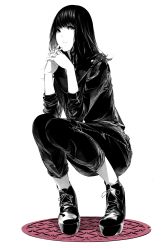 Rule 34 | 1girl, black hair, boots, capri pants, full body, highres, long hair, looking at viewer, monochrome, original, own hands clasped, own hands together, pants, simple background, solo, sousou (sousouworks), spot color, squatting, white background