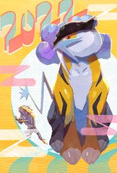 Rule 34 | 2022, chinese zodiac, claws, commentary request, creatures (company), full body, game freak, gen 2 pokemon, highres, legendary pokemon, looking down, mo~zu, nintendo, no humans, pokemon, pokemon (creature), raikou, red eyes, sitting, tusks, year of the tiger