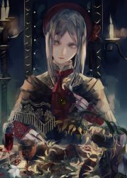 Rule 34 | 1girl, 1other, blood, blood stain, bloodborne, bug, candle, centipede, chair, chalice, cup, doll, doll joints, dress, eating, flower, fork, gem, glass, headdress, highres, hunter (bloodborne), joints, licking lips, maid, petals, plain doll, resolution mismatch, source larger, syokuuuuuuuuumura, tongue, tongue out, vase, white eyes, white hair