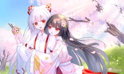 Rule 34 | 2girls, absurdres, arm strap, bandaid, bandaid on face, bandaid on nose, black hair, blue sky, blunt bangs, bow, cherry blossoms, collared shirt, commentary request, falling petals, fang, flower, food, frilled sleeves, frills, fruit, fujiwara no mokou, hair flower, hair ornament, highres, holding, holding food, houraisan kaguya, hug, hug from behind, kongmaosama, long hair, long sleeves, multiple girls, open mouth, outdoors, petals, pink shirt, red bow, red eyes, shirt, skin fang, sky, strawberry, suspenders, sweatdrop, touhou, tree, two-tone bow, upper body, very long hair, white bow, white shirt, wide sleeves, yuri