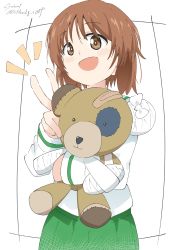 Rule 34 | 1girl, absurdres, bad id, bad pixiv id, bandages, bandaid, blouse, boko (girls und panzer), brown eyes, brown hair, commentary, cynical (llcbluckg c004), girls und panzer, green skirt, highres, holding, holding stuffed toy, long sleeves, looking at viewer, nishizumi miho, notice lines, ooarai school uniform, open mouth, pleated skirt, sailor collar, school uniform, serafuku, shirt, short hair, skirt, smile, solo, standing, stuffed animal, stuffed toy, teddy bear, twitter username, v, white sailor collar, white shirt