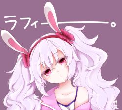 Rule 34 | 1girl, animal ears, azur lane, bare shoulders, blush, camisole, closed mouth, collarbone, commentary request, hair between eyes, hairband, head tilt, jacket, kanda (kvzs4332), laffey (azur lane), long hair, looking at viewer, open clothes, open jacket, pink jacket, purple background, purple eyes, rabbit ears, red hairband, sidelocks, silver hair, simple background, solo, translation request, twintails, very long hair, white camisole