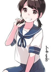 Rule 34 | 1girl, black hair, blue neckerchief, blue sailor collar, blue skirt, brown eyes, highres, kantai collection, looking at viewer, low twintails, neckerchief, niina (purin gyunyu), one-hour drawing challenge, pleated skirt, sailor collar, school uniform, serafuku, shirayuki (kancolle), shirt, short hair, simple background, skirt, smile, solo, twintails, twitter username, white background, white shirt