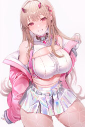 Rule 34 | 1girl, arm support, bare shoulders, black collar, blush, breasts, cleavage, cleavage cutout, clothing cutout, collar, commentary request, crop top, fishnet pantyhose, fishnets, goddess of victory: nikke, grin, heart collar, heart pendant, highres, holographic clothing, horns, interstellar, iridescent, jacket, large breasts, light brown hair, long hair, long sleeves, looking at viewer, mask, mask pull, midriff, miniskirt, mole, mole under eye, mouth mask, off shoulder, pantyhose, pink eyes, pink horns, pink jacket, puffy long sleeves, puffy sleeves, reflective clothes, shiny skirt, simple background, skirt, smile, solo, thighs, viper (nikke), white background, white mask, white nails, zipper pull tab