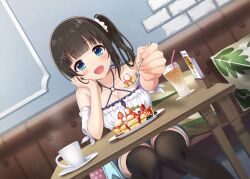 Rule 34 | 1girl, azuki yui, bag, bare shoulders, black hair, black thighhighs, blue eyes, blush, breasts, cleavage, collarbone, cup, drinking glass, drinking straw, food, fruit, hair ornament, hair scrunchie, holding, holding spoon, incoming food, medium breasts, o-ring, open mouth, original, pancake, plate, saucer, scrunchie, shirt, shopping bag, shorts, sitting, solo, souffle pancake, spoon, strawberry, table, thighhighs, white scrunchie, white shirt, x hair ornament, zettai ryouiki