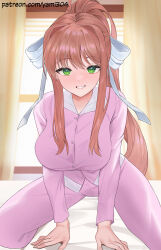 Rule 34 | 1girl, alternate costume, arm support, arms between legs, bed, bow, breasts, brown hair, collared shirt, commentary, curtains, doki doki literature club, english commentary, green eyes, grin, hair between eyes, hair bow, hair intakes, highres, indoors, large breasts, long hair, long sleeves, looking at viewer, monika (doki doki literature club), on bed, pajamas, pants, patreon username, pink pajamas, pink pants, pink shirt, ponytail, pose request, shirt, sidelocks, smile, solo, white bow, window, yami (rear4742), yellow curtain