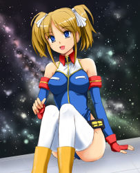 Rule 34 | 1girl, blonde hair, blue eyes, breasts, fingerless gloves, gloves, gundam, gundam card builder, highleg, highleg leotard, hip focus, large breasts, leotard, looking at viewer, macfist, open mouth, red eyes, reiko holinger, short hair, short twintails, simple background, solo, thick thighs, thighhighs, thighs, twintails, white thighhighs