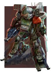 Rule 34 | absurdres, border, burglary dog, clenched hand, gun, highres, holding, holding gun, holding weapon, looking down, mecha, missile pod, no humans, outside border, phlogiston drow, radio antenna, robot, science fiction, smoke, solo, soukou kihei votoms, soukou kihei votoms the heretic saint, weapon, white border