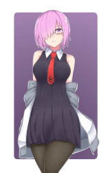 Rule 34 | 1girl, absurdres, arindyudha, bad id, bad pixiv id, bare shoulders, black dress, black pantyhose, blush, breasts, commentary request, dress, fate/grand order, fate (series), glasses, hair over one eye, highres, jacket, large breasts, light purple hair, looking at viewer, mash kyrielight, necktie, off-shoulder jacket, off shoulder, open mouth, pantyhose, purple eyes, purple hair, short hair, simple background, smile, solo