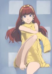 Rule 34 | 1girl, akinbo (hyouka fuyou), amanogawa kirara, arm support, barefoot, blunt bangs, bottomless, bow, brown hair, clothing cutout, earrings, feet, go! princess precure, hair bow, hairband, highres, jewelry, long hair, long sleeves, looking at viewer, naked sweater, precure, purple eyes, shoulder cutout, sitting, solo, star (symbol), star earrings, sweater, very long hair, yellow bow, yellow hairband, yellow sweater