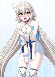 Rule 34 | 1girl, ahoge, bare shoulders, blue background, blue ribbon, blush, breast hold, breasts, cleavage, collarbone, cosplay, detached leggings, dress, embarrassed, fate/grand order, fate/requiem, fate (series), fundoshi, gradient background, highres, japanese clothes, jeanne d&#039;arc (fate), jeanne d&#039;arc alter (avenger) (fate), jeanne d&#039;arc alter (fate), jewelry, kiryuu makoto, large breasts, long hair, long sleeves, looking at viewer, magatama, necklace, open mouth, pale skin, pelvic curtain, puffy long sleeves, puffy sleeves, ribbon, seigaiha, short dress, sideless outfit, silver hair, thighs, utsumi erice, utsumi erise, utsumi erise (cosplay), very long hair, white dress, white legwear, yellow eyes