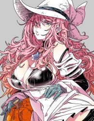 Rule 34 | 1girl, aqua gloves, black thighhighs, breasts, cleavage, gloves, hat, kafun, large breasts, lips, long hair, looking at viewer, messy hair, mole, mole under eye, pacifier, pink hair, pink lips, pumpkin, see-through, solo, standing, thighhighs, thighs, witch, witch hat