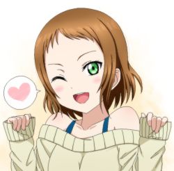 Rule 34 | 10s, 1girl, ;d, bare shoulders, blush, brown hair, collarbone, green eyes, heart, kazuma (theworld000021), kira tsubasa, looking at viewer, love live!, love live! school idol project, off-shoulder, off-shoulder shirt, off-shoulder sweater, off shoulder, official style, one eye closed, open mouth, shirt, short hair, smile, solo, spoken heart, sweater