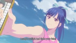 Rule 34 | 2girls, animated, anime screenshot, black hair, blue hair, bra, cellphone, collarbone, grabbing own breast, groin, highres, long hair, megami no cafe terrace, multiple girls, navel, ono shiragiku, panties, phone, ponytail, smile, sound, stomach, subtitled, tagme, thighs, tsuruga ami, underwear, video, white bra, white panties