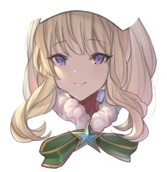 Rule 34 | 1girl, betabeet, blonde hair, cagliostro (granblue fantasy), closed mouth, commentary, fur collar, granblue fantasy, green ribbon, highres, long hair, looking at viewer, portrait, purple eyes, ribbon, sidelocks, simple background, smile, solo, star (symbol), white background