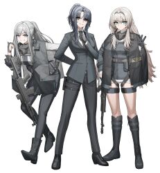 3girls absurdres adjusting_clothes adjusting_necktie ak-12 ak-12_(girls&#039;_frontline) an-94 an-94_(girls&#039;_frontline) angelia_(girls&#039;_frontline) aqua_eyes arm_behind_back assault_rifle black_footwear black_hair black_hairband black_jacket black_necktie black_pants blonde_hair boots brown_eyes cheogtanbyeong commentary_request full_body girls&#039;_frontline grey_hair gun hairband highres holding holding_gun holding_weapon jacket kalashnikov_rifle korean_commentary long_hair looking_at_viewer mechanical_arms multiple_girls necktie pants ponytail pouch prosthesis prosthetic_arm purple_eyes rifle shirt shoes short_hair_with_long_locks sidelocks simple_background single_mechanical_arm standing thigh_pouch v weapon white_background white_shirt