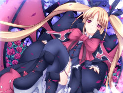 Rule 34 | 1girl, arc system works, bad id, bad pixiv id, blazblue, blonde hair, bow, gii, hair bow, long hair, mikan (5555), nago, rachel alucard, red eyes, solo, thighhighs, twintails