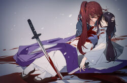 Rule 34 | 1boy, 1girl, black hair, blood, blood on clothes, bloody weapon, brown hair, closed eyes, full body, grandia lee, hair between eyes, hand in another&#039;s hair, himura kenshin, japanese clothes, katana, kimono, long hair, long sleeves, low-tied long hair, planted, planted sword, planted weapon, ponytail, rurouni kenshin, sandals, snow, sword, weapon, white kimono, wide sleeves, yukishiro tomoe, zouri
