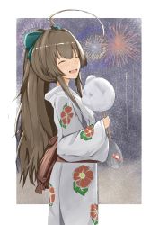 Rule 34 | 1girl, absurdres, ahoge, brown hair, camellia, commentary request, cotton candy, cowboy shot, disuto, closed eyes, fireworks, floral print, flower, highres, huge ahoge, japanese clothes, kantai collection, kimono, kuma (kancolle), long hair, night, official alternate costume, open mouth, smile, solo, white kimono, yukata